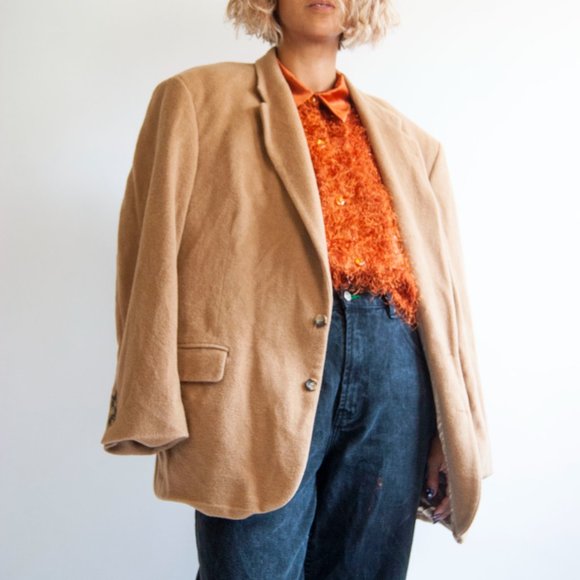 90s Mens Beige Camel Hair Blazer 46 XL Extra large / tan camel hair blazer / woo